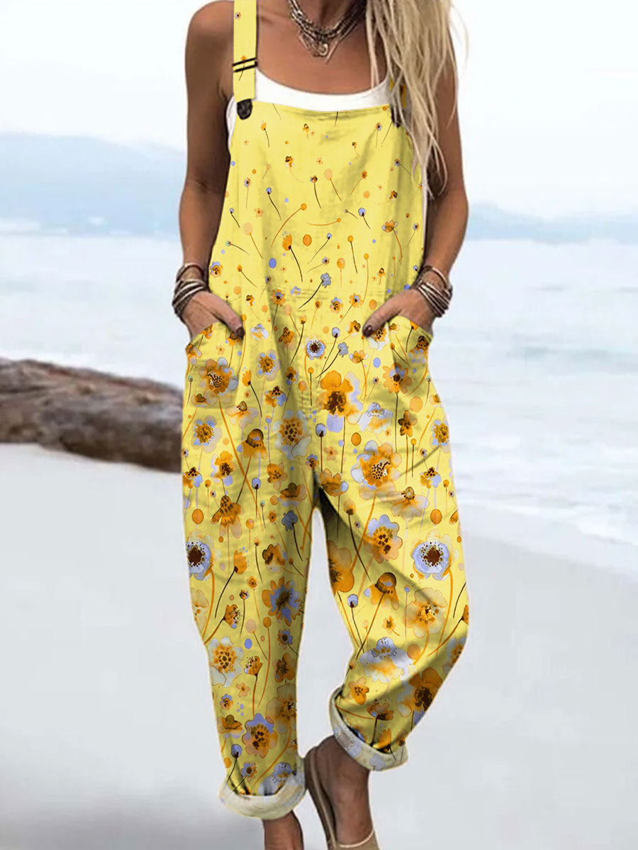 Women's Vintage Flower Art Print Casual 100% Cotton Wide Leg Jumpsuit