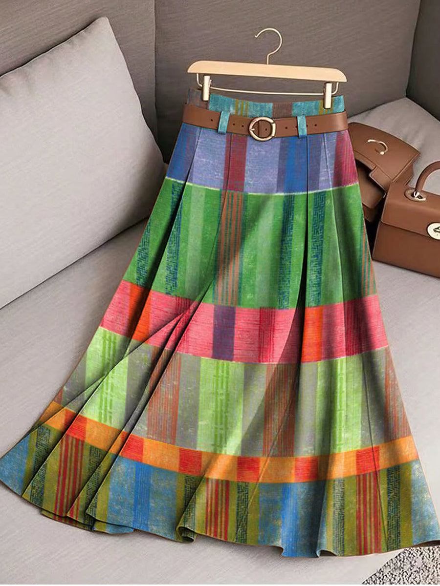 Women's Colorful Geometric Check Art Print Cotton Skirt