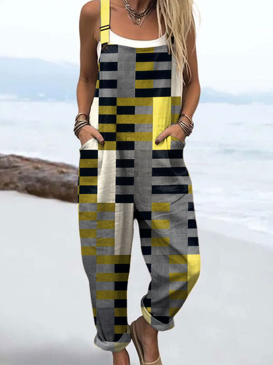 Women's Vintage Color Block Plaid Art Print Casual 100% Cotton Wide Leg Jumpsuit