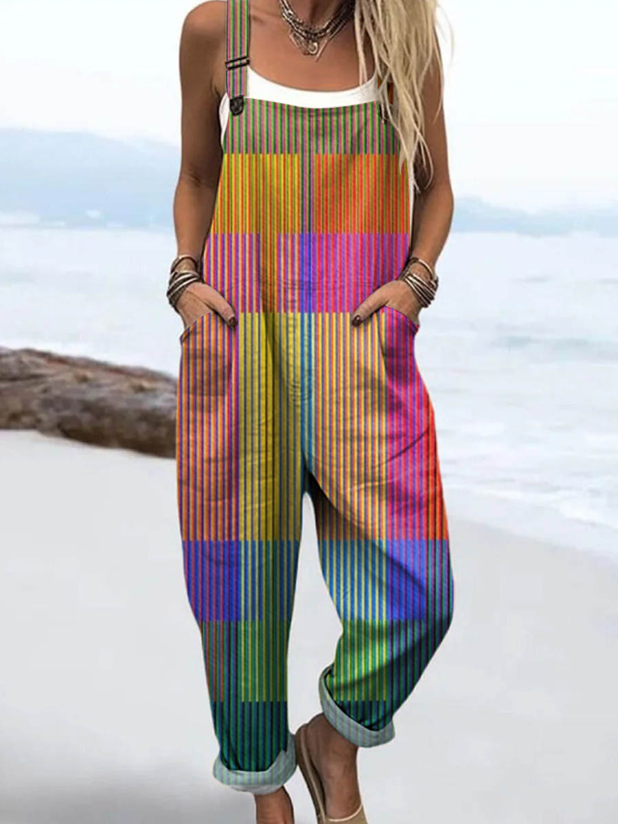 Women's Geometric Pattern Art Print Casual 100% Cotton Wide Leg Jumpsuit