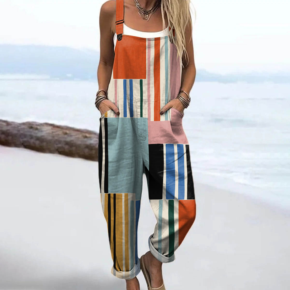 Women's Abstract Geometric Line Pattern Art Print Casual 100% Cotton Wide Leg Jumpsuit