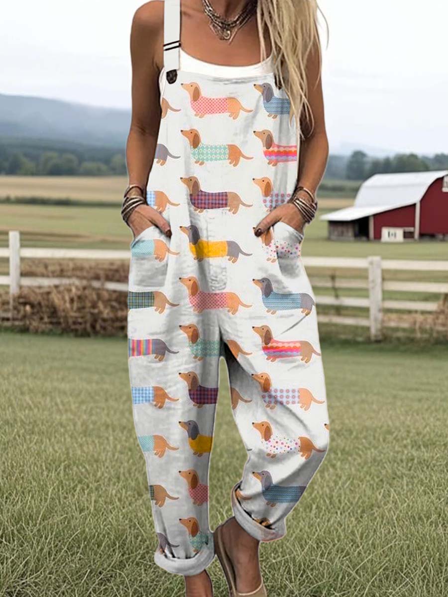 Women's Lovely Dogs Art Print Casual 100% Cotton Wide Leg Jumpsuit
