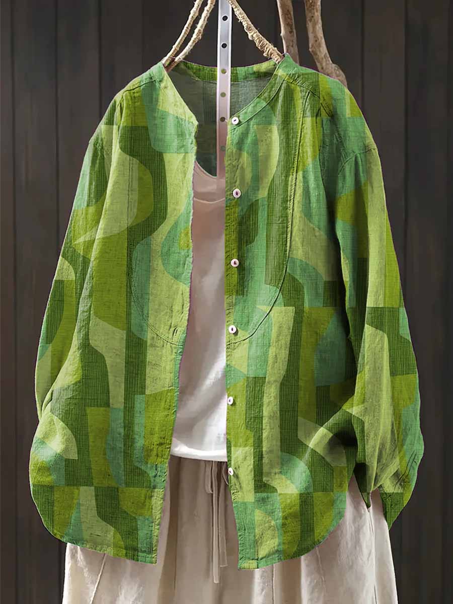 Women's Geometric Pattern Art Print Casual Cotton And Linen Shirt