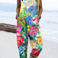 Women's Lovely Floral Art Print Casual 100% Cotton Wide Leg Jumpsuit