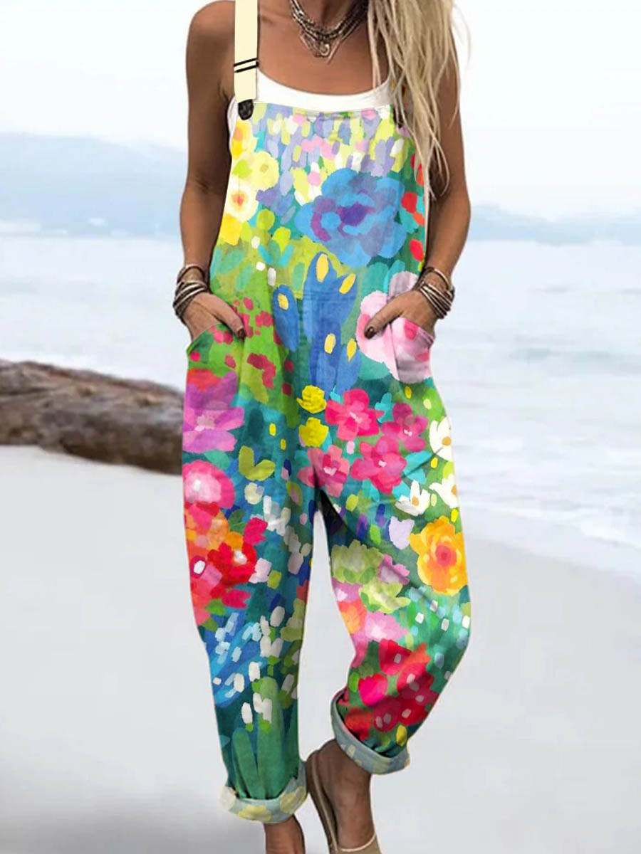 Women's Lovely Floral Art Print Casual 100% Cotton Wide Leg Jumpsuit