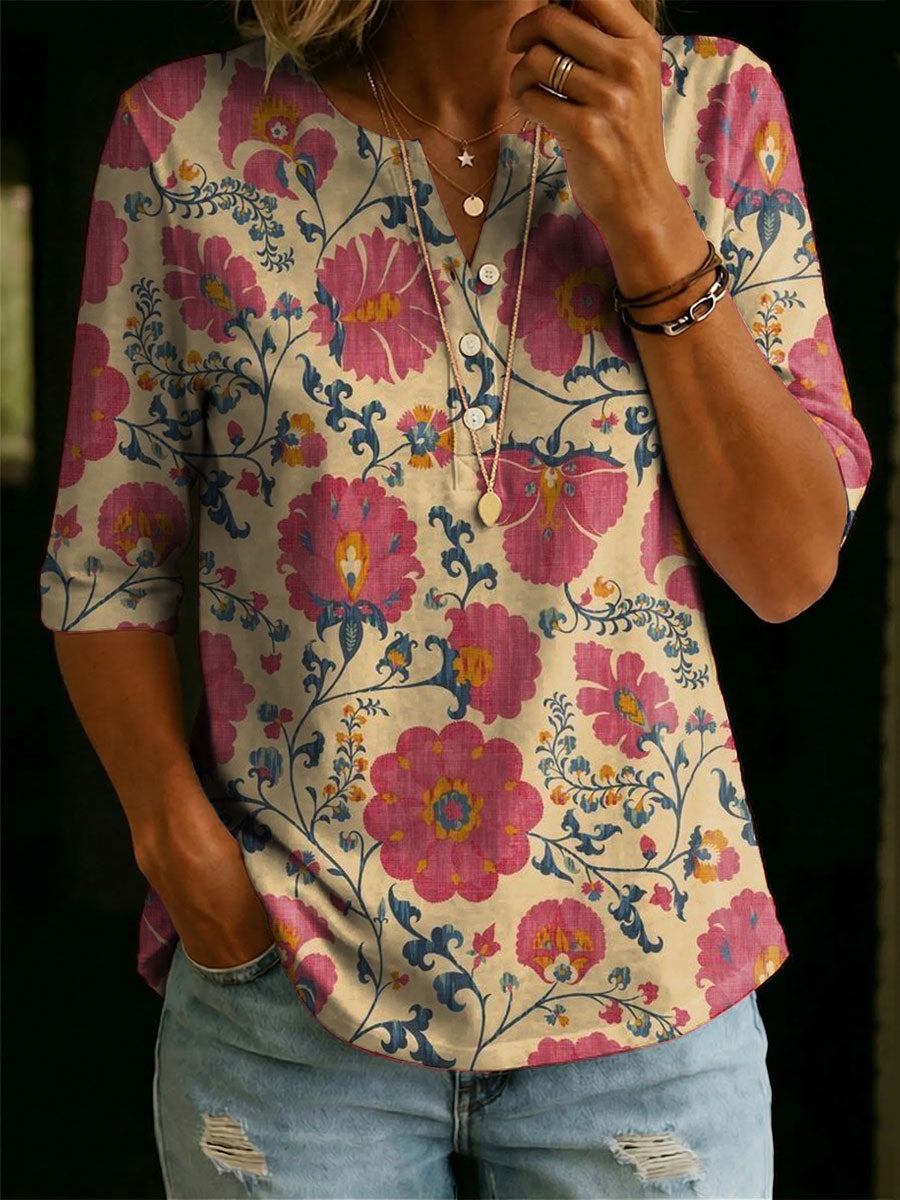 Women's Floral Pattern Art Casual Classic Henley Collar 100% Cotton T-shirt