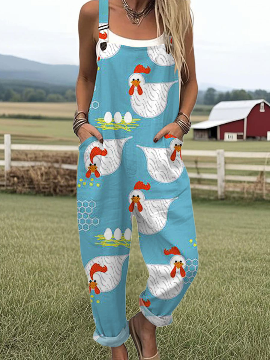 Women's  Funny Chicken Art Print Casual 100% Cotton Wide Leg Jumpsuit