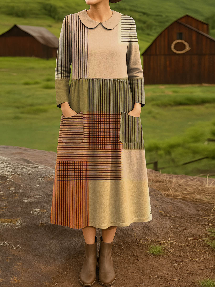 Women's Geometric Pattern Art Print Cotton Lapel Shirt Dress