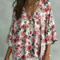 Women's Vintage Floral Art Print Casual Bat Sleeve Denim Shirt