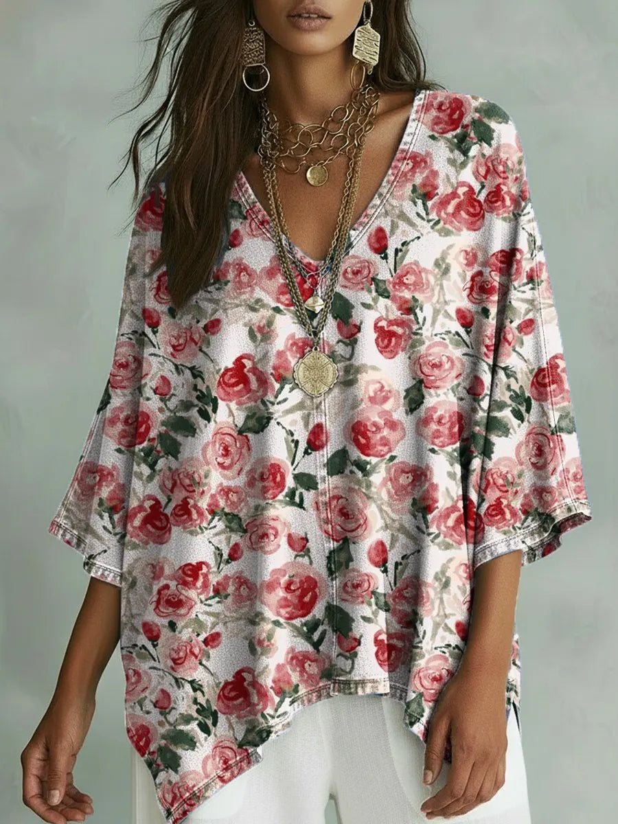 Women's Vintage Floral Art Print Casual Bat Sleeve Denim Shirt