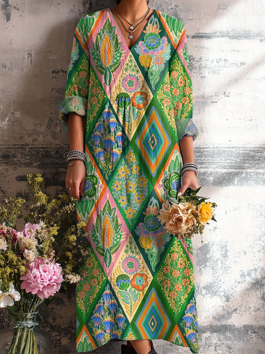 Women's Beautiful Vintage Rhombus Geometric Floral Painting Art Print Dress