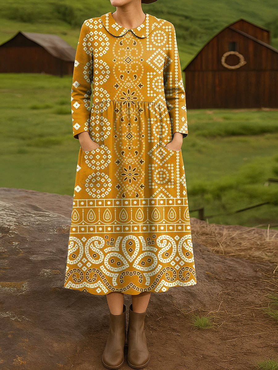 Women's Beautiful Vintage Ethnic Geometric Art Print Cotton Lapel Button-Down Shirt Dress