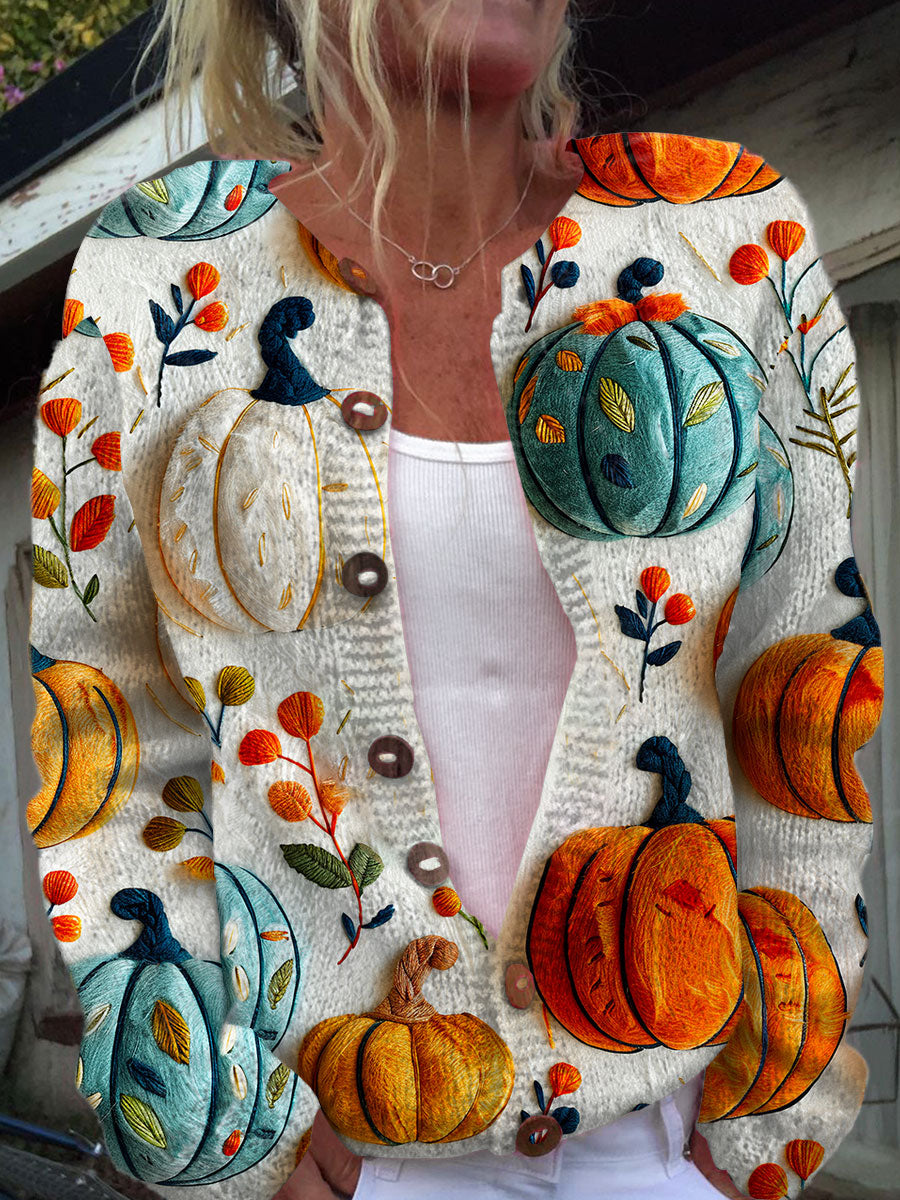 vintage-pumpkin-art-print-buttoned-cardigan-sweater-gdee