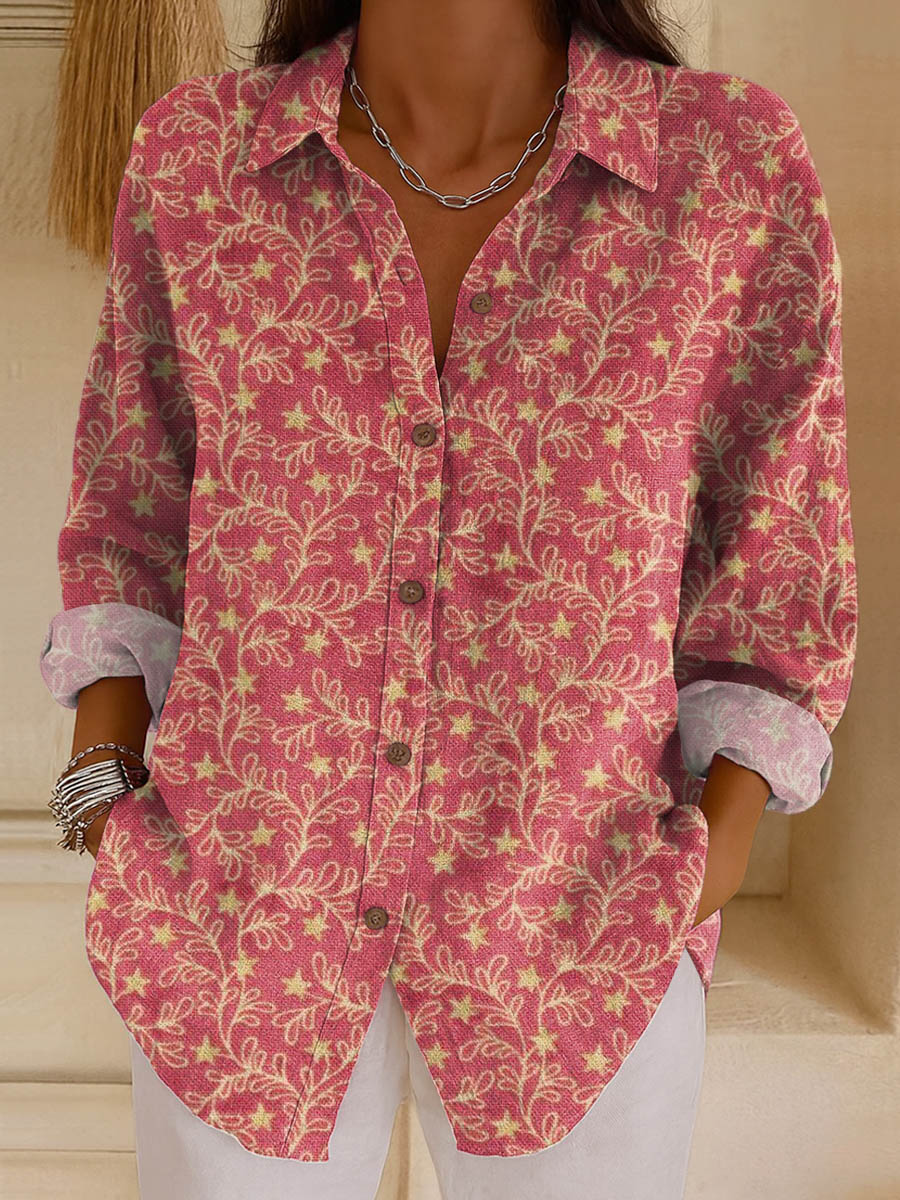 Women's Vintage Floral Pattern Art Print Casual Cotton Shirt