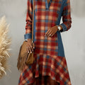 Denim Patchwork Plaid Print Ruffle Hem Midi Dress