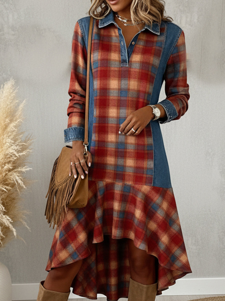 Denim Patchwork Plaid Print Ruffle Hem Midi Dress