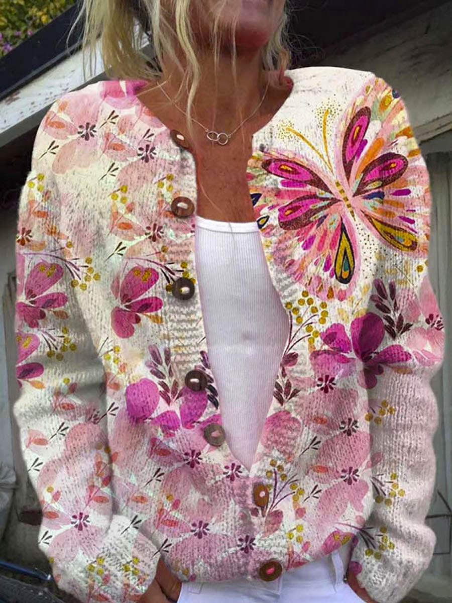 womens-lovely-butterfly-floral-art-print-buttoned-cardigan-sweater