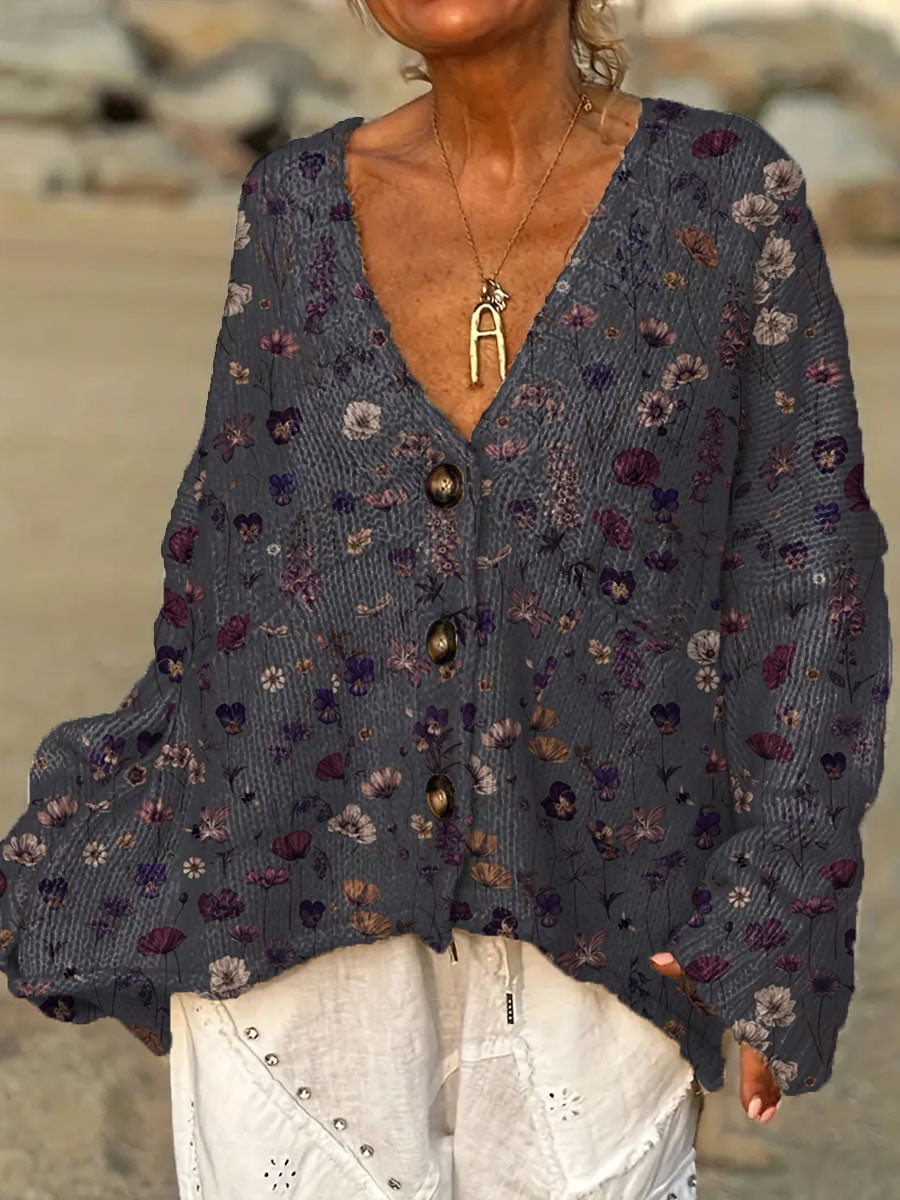 Women's Vintage Flower Art Print Casual Pullover Sweater