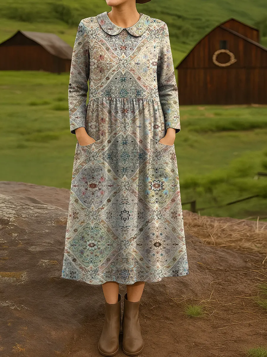 Women's Diamond-shaped Flowers Print Cotton Lapel Button-Down Shirt Dress