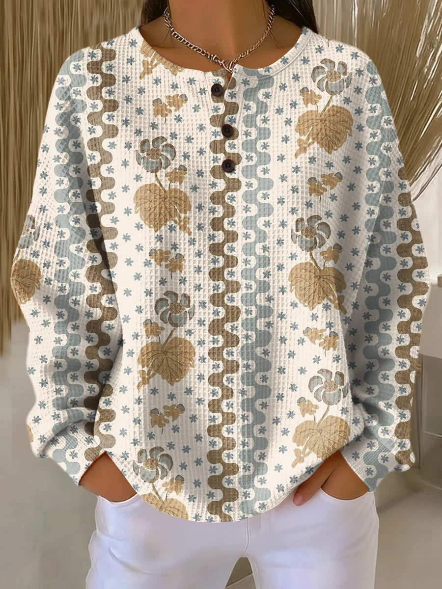 Women's Beautiful Geometric Striped Floral Painting Art Print Casual Cotton Sweatshirt