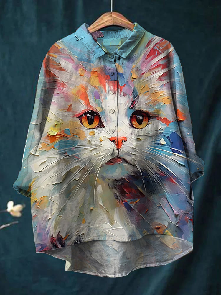 Cute white cat printed women's casual cotton and linen shirt
