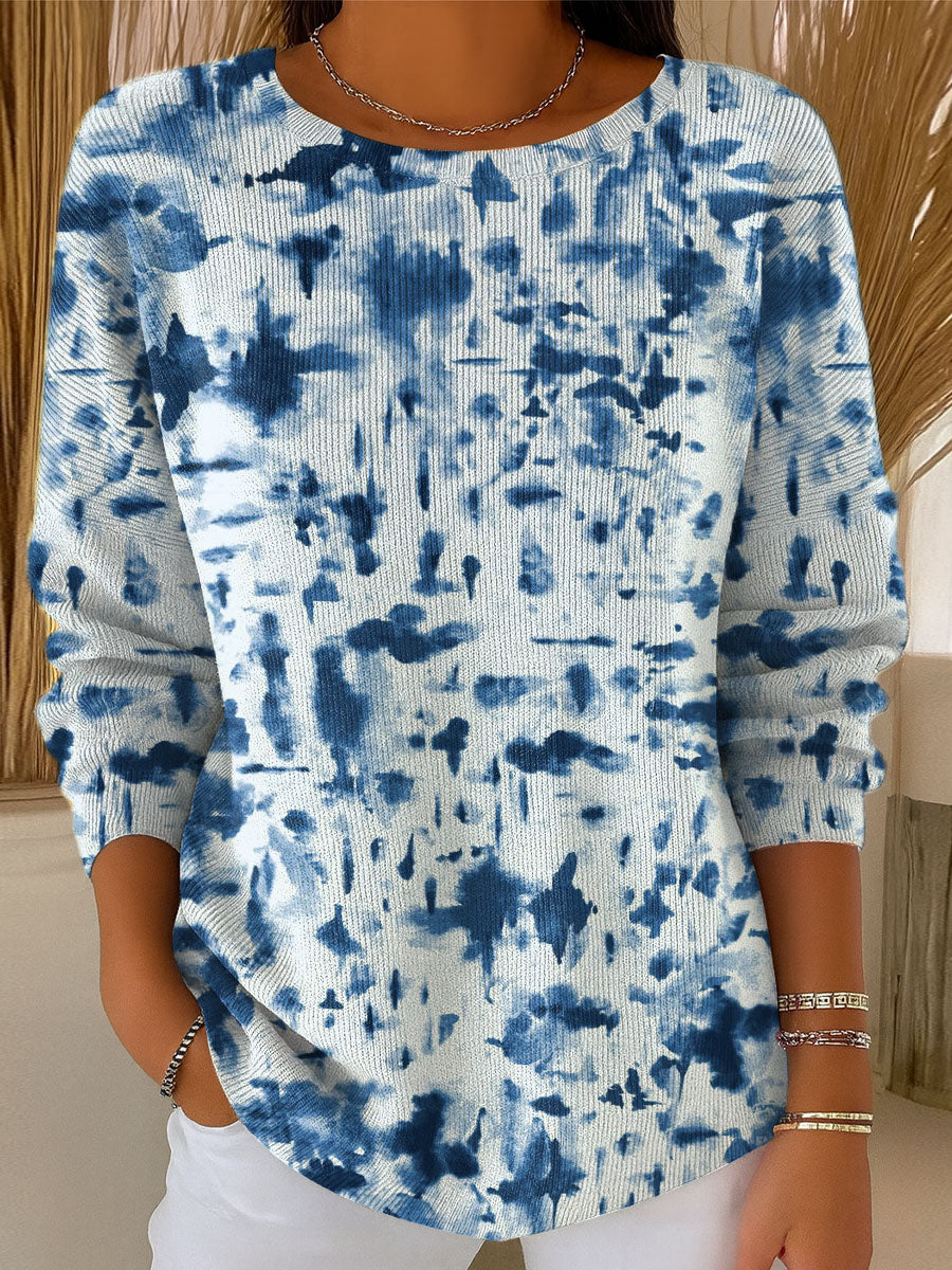 womens-blue-and-white-ink-style-pattern-casual-pullover-sweater