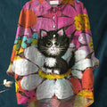Women's Cat Art Print Casual Cotton And Linen Shirt