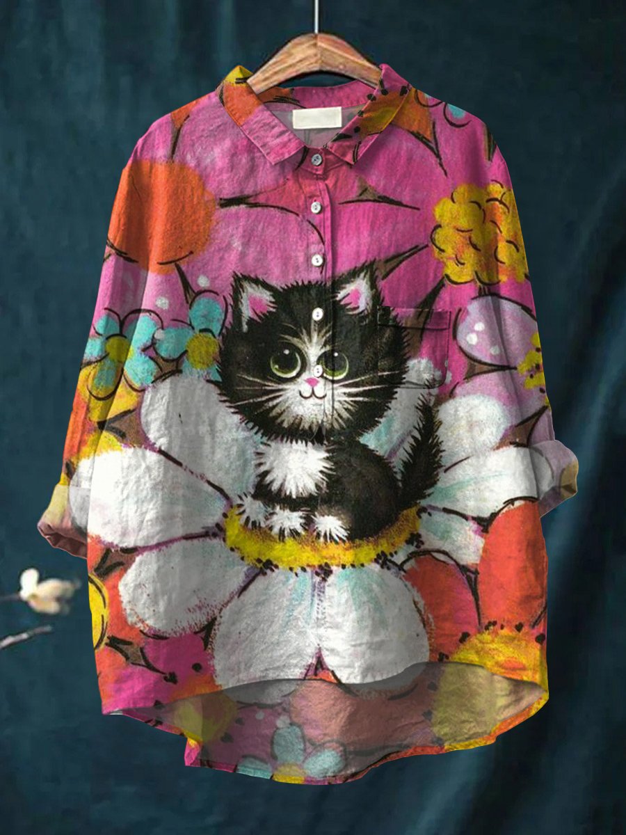 Women's Cat Art Print Casual Cotton And Linen Shirt