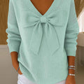 Women's Solid Color Bowknot V-Neck Long Sleeve Casual Sweater