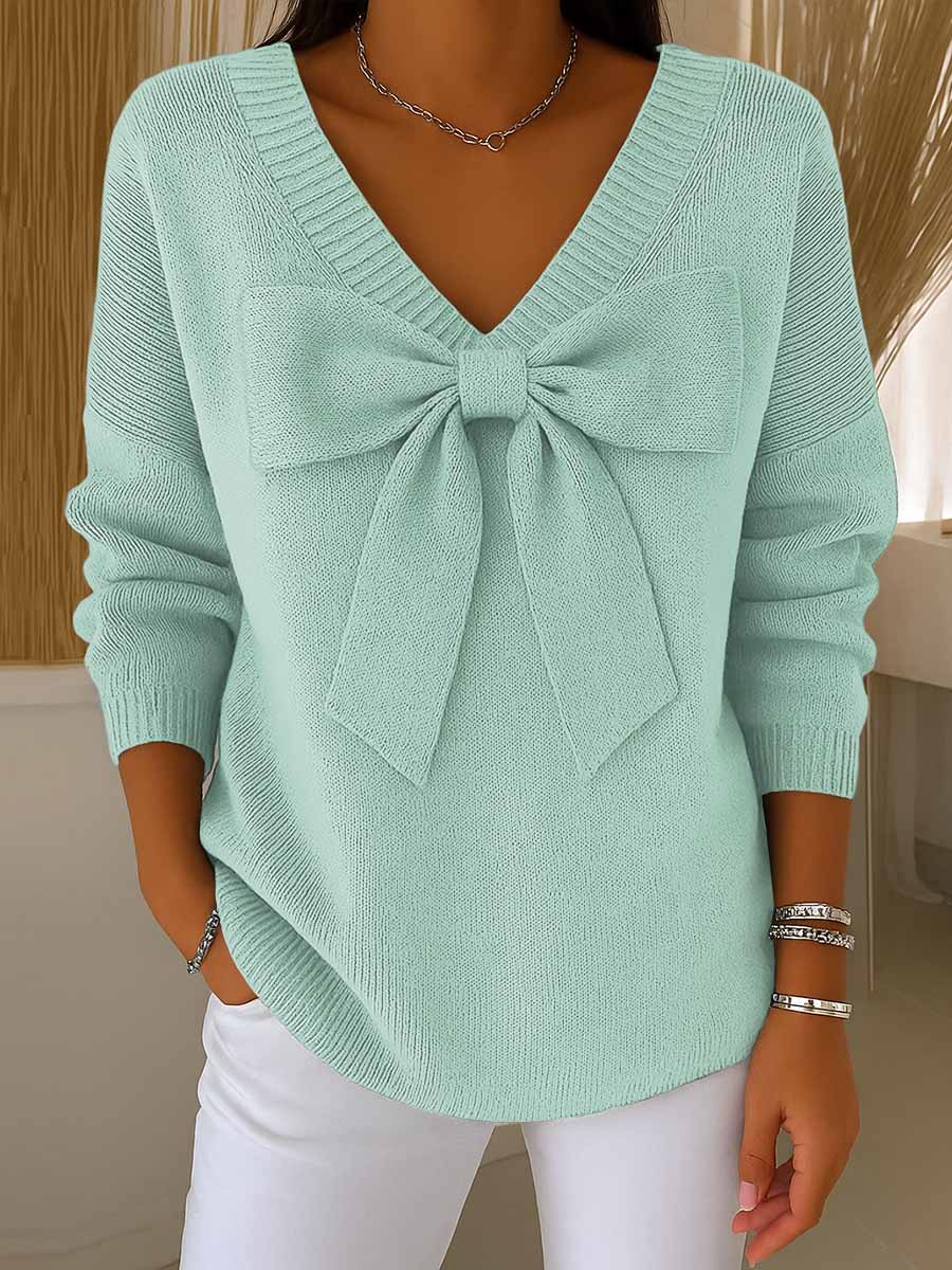 Women's Solid Color Bowknot V-Neck Long Sleeve Casual Sweater