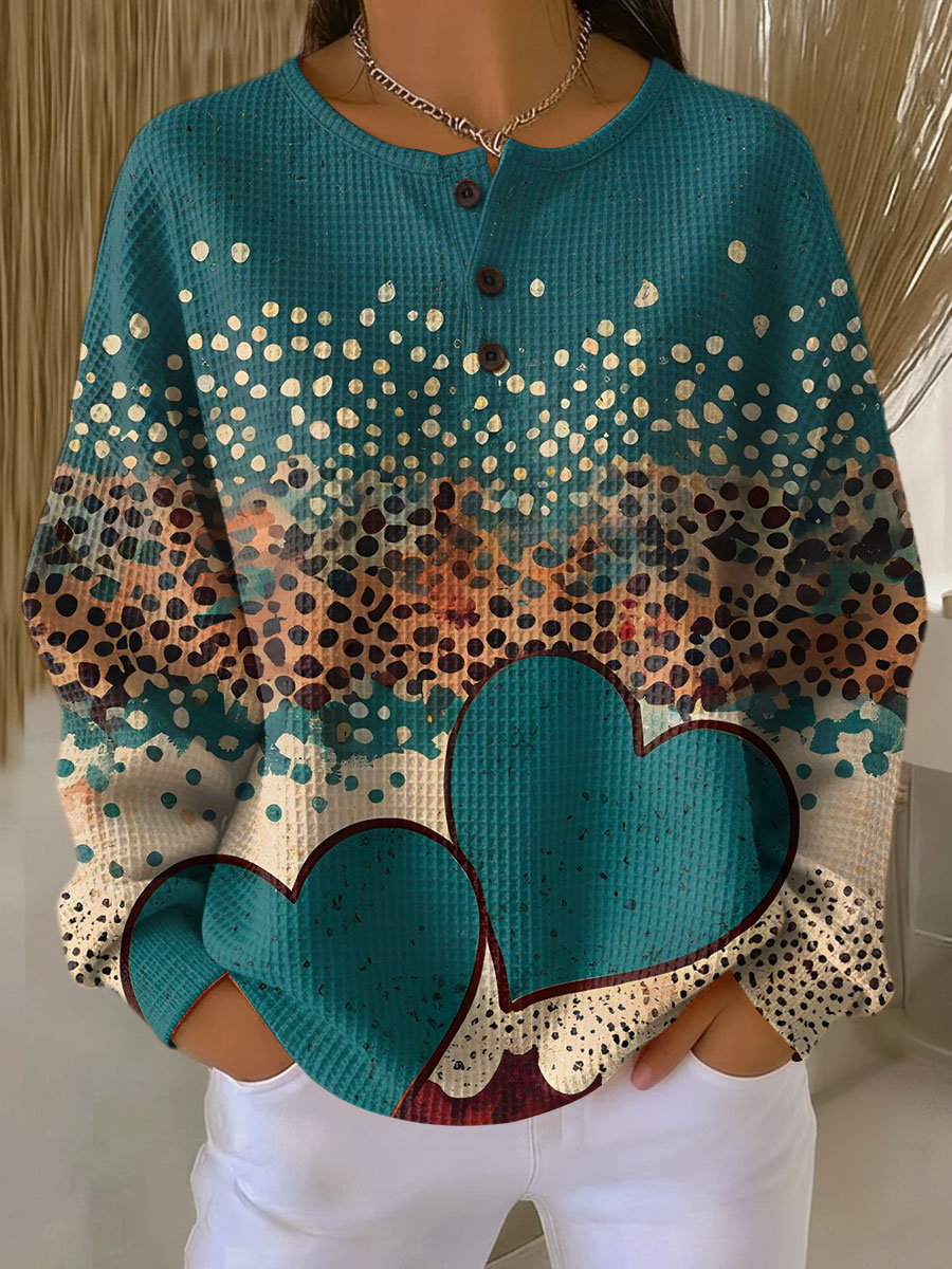 Women's Retro Heart Pattern Art Print Casual Cotton Shirt