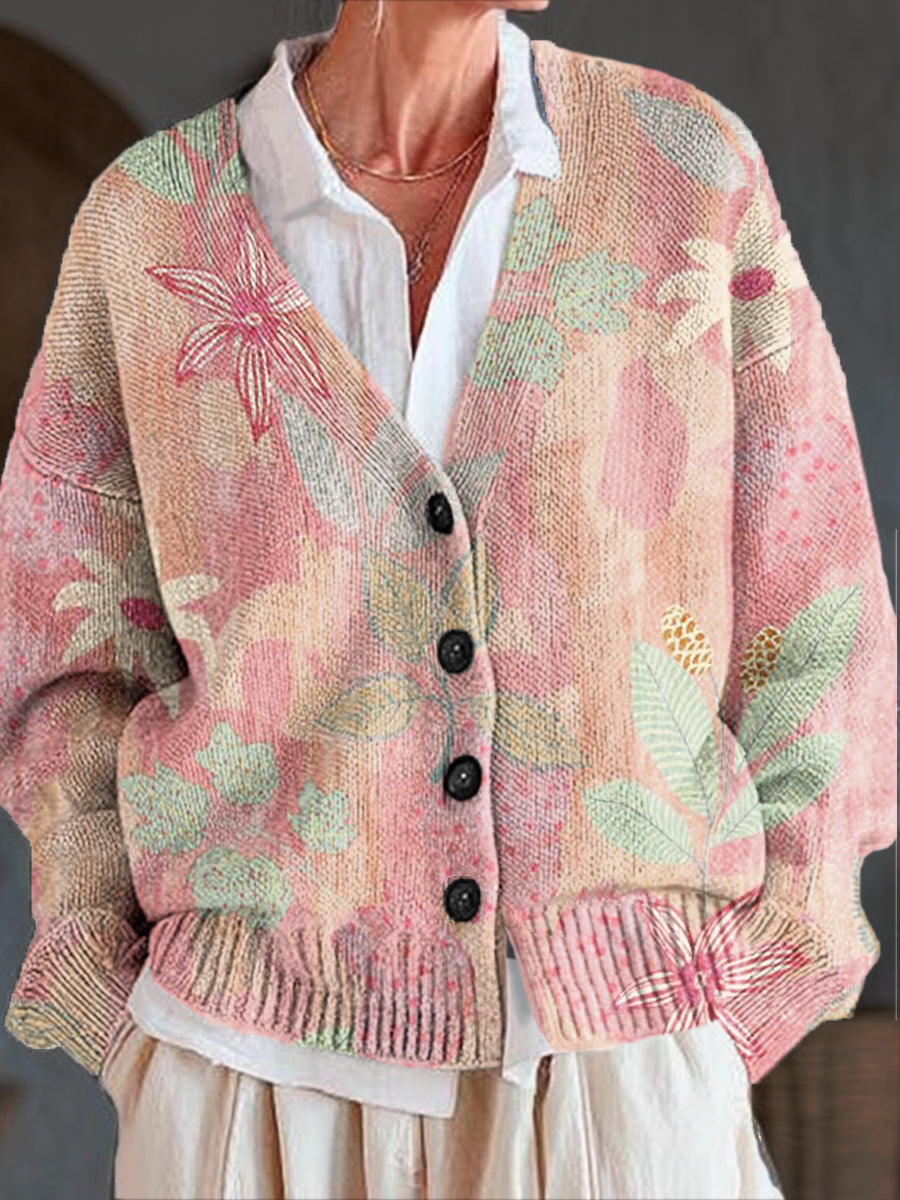 beautiful-pink-floral-painting-art-print-buttoned-v-neck-cardigan-sweater
