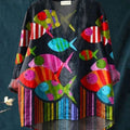 Women's  Fish Art Print Casual Cotton And Linen V-neck Shirt