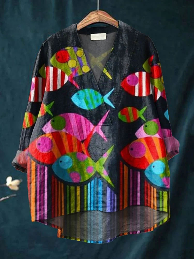 Women's  Fish Art Print Casual Cotton And Linen V-neck Shirt