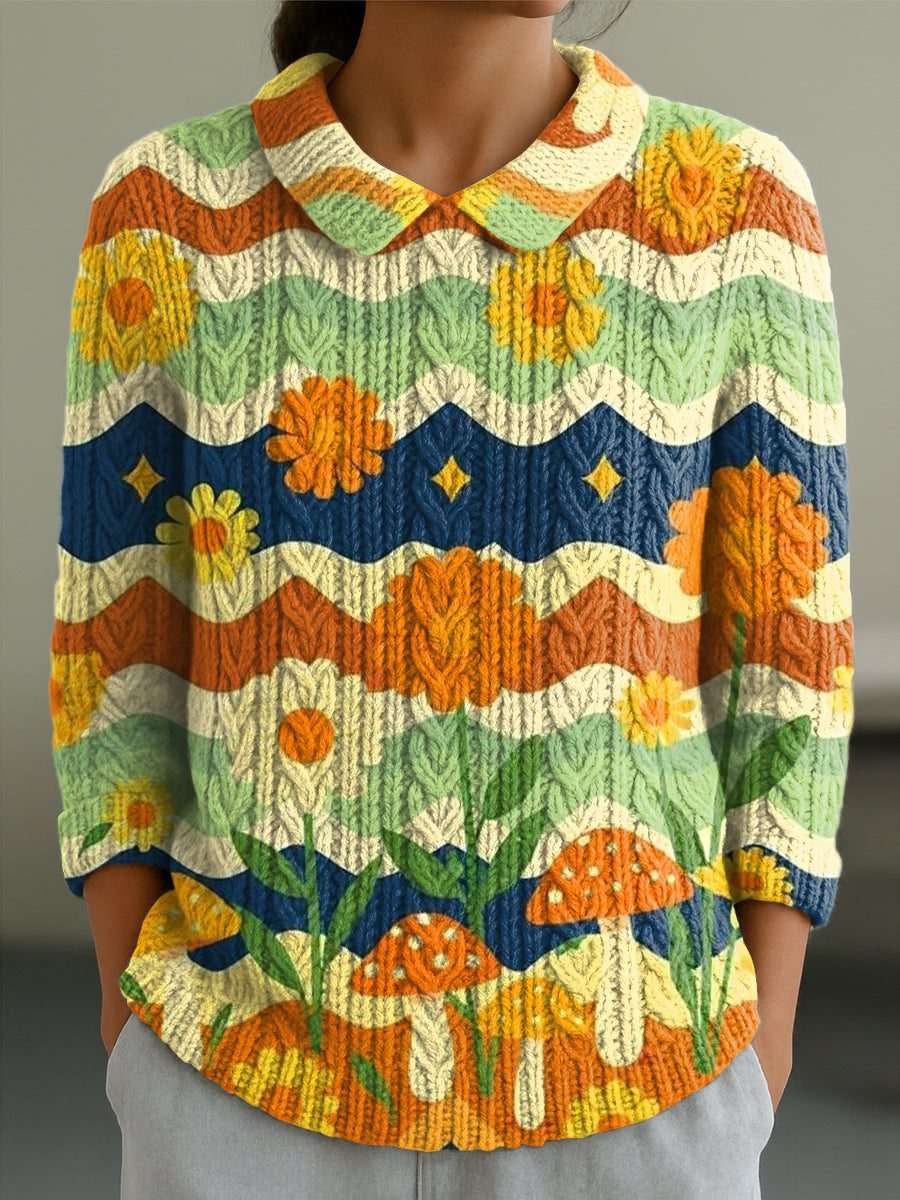 womens-beautiful-sunflower-floral-wave-pattern-painting-art-print-casual-peter-pan-collar-3-4-sleeve-sweater