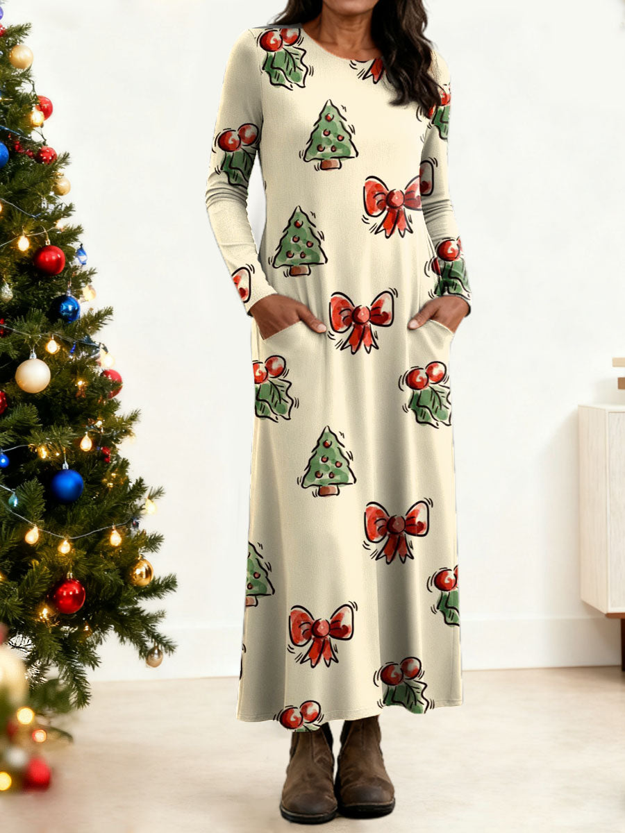 Women's Christmas Tree Pattern Art Print Long-sleeved Dress