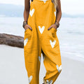 Women's Yellow Art Love Print Casual 100% Cotton Wide Leg Jumpsuit