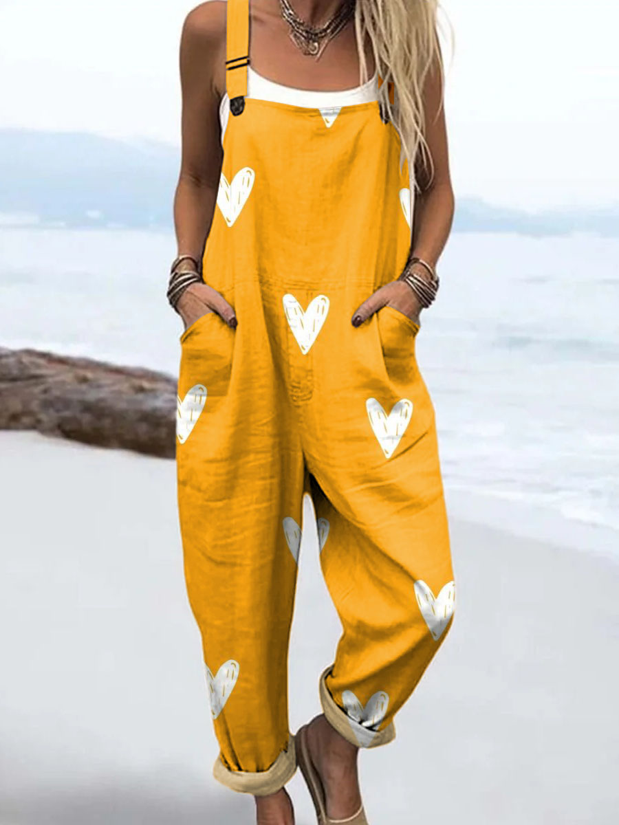 Women's Yellow Art Love Print Casual 100% Cotton Wide Leg Jumpsuit