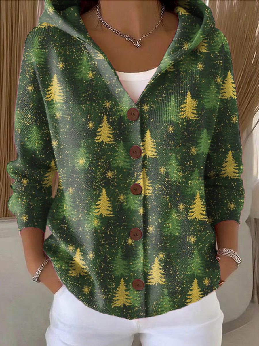 Women's Beautiful Winter Christmas Tree Painting Art Print Casual Hooded Button Sweater