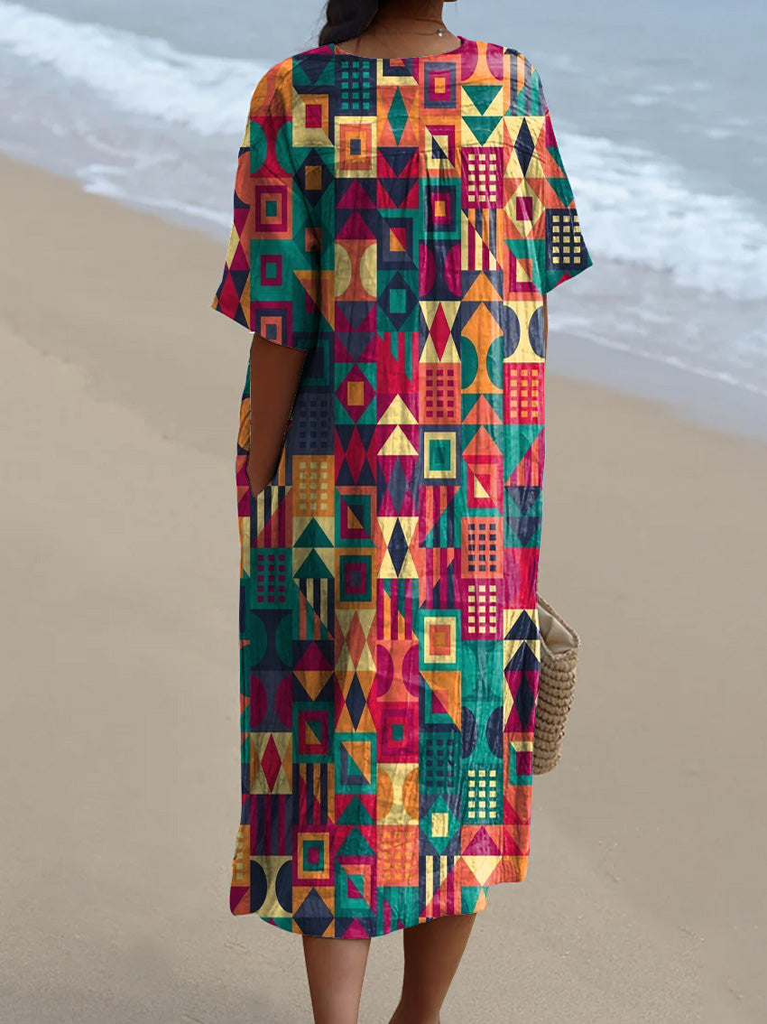 Ethnic Style Geometric Pattern Printed Women's Flowy Dress