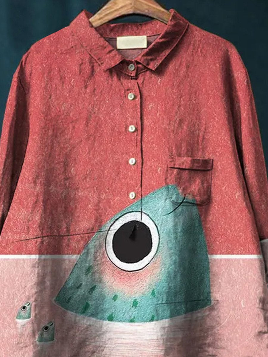 Funny Cartoon Sardine Fish Family Printed Women's Casual Cotton And Linen Shirt