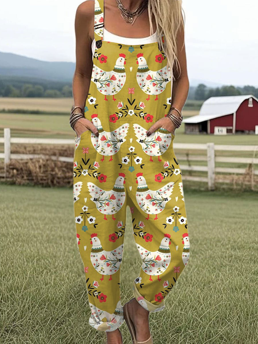 Women's  Funny Chick Art Print Casual 100% Cotton Wide Leg Jumpsuit