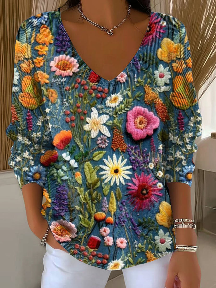 Women's Vintage Floral Art Print Casual Pullover Sweater