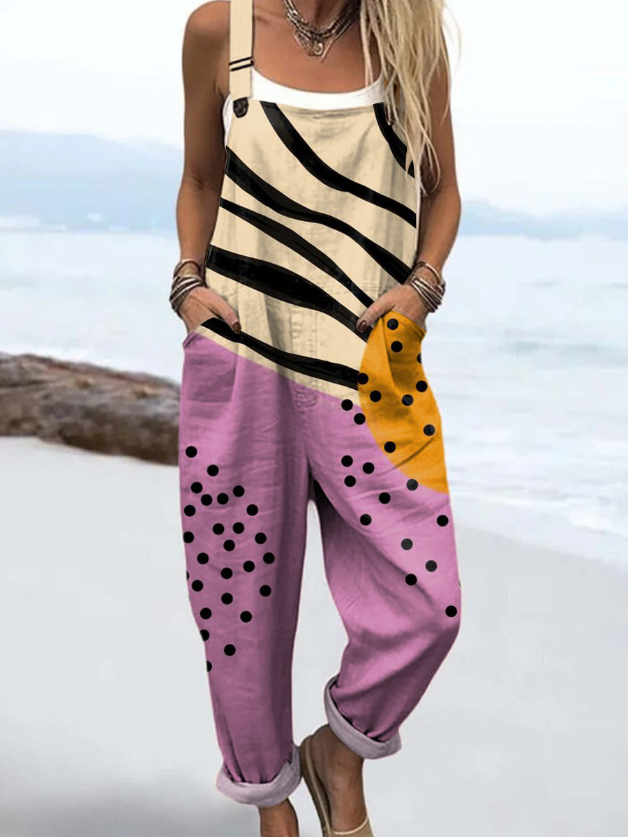 Women's Abstract Dot Pattern Art Print Casual 100% Cotton Wide Leg Jumpsuit