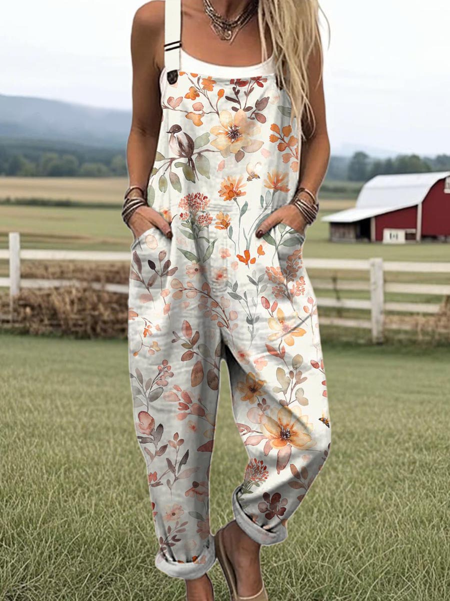 Women's Vintage Floral Pattern Art Print Casual 100% Cotton Wide Leg Jumpsuit