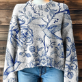 Women's Vintage Flower Art Print Casual Pullover Sweater