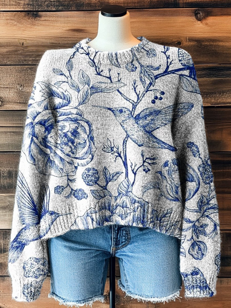 Women's Vintage Flower Art Print Casual Pullover Sweater