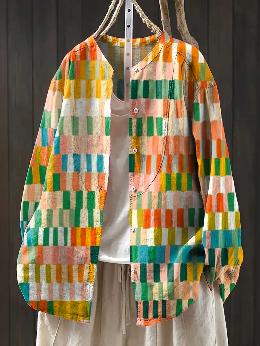 Women's Geometric Pattern Art Print Casual Cotton And Linen Shirt