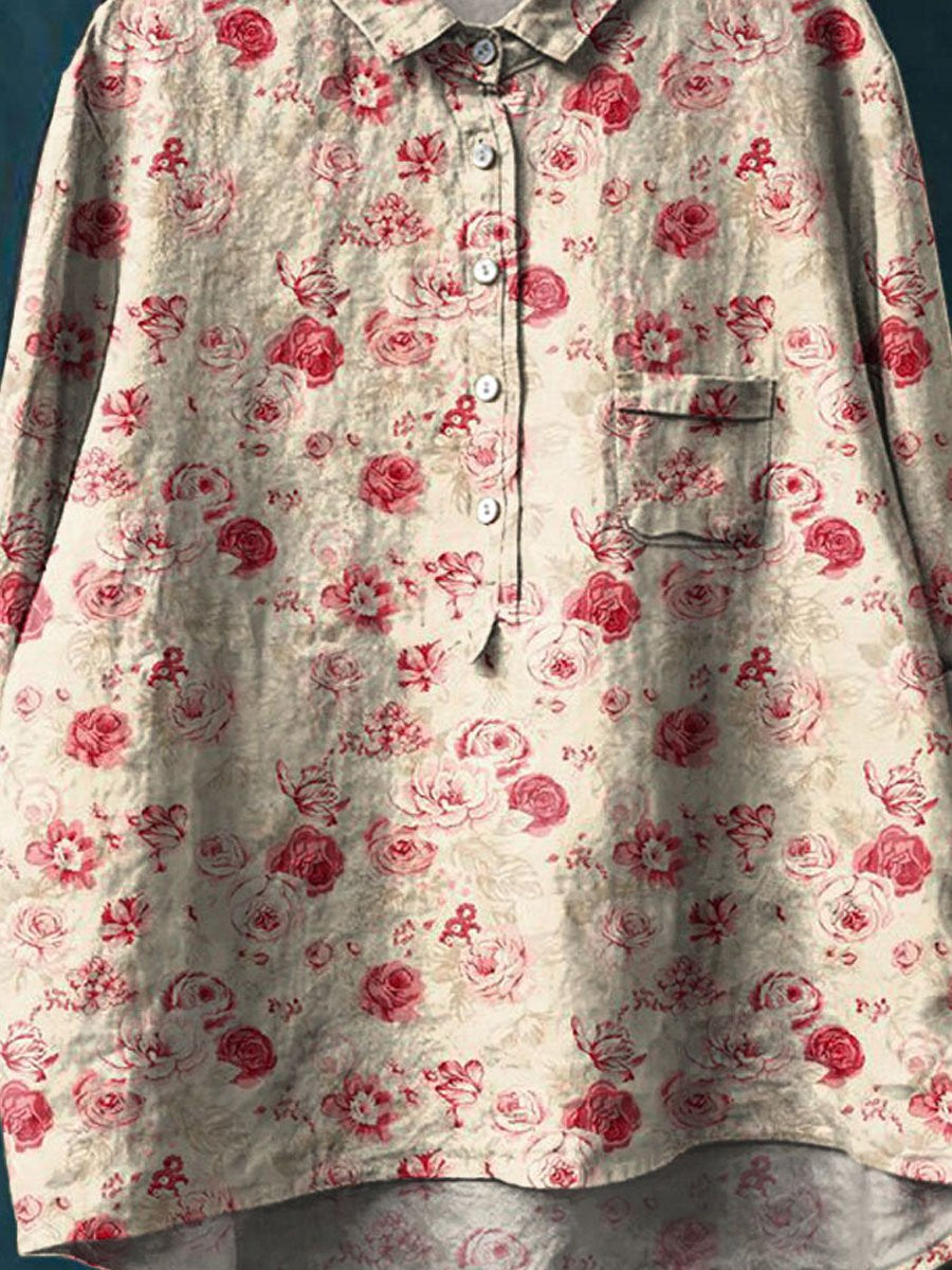 Women's Vintage Floral Art Print Casual Cotton And Linen Shirt