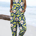 Women's Lovely Floral Art Print Casual 100% Cotton Wide Leg Jumpsuit